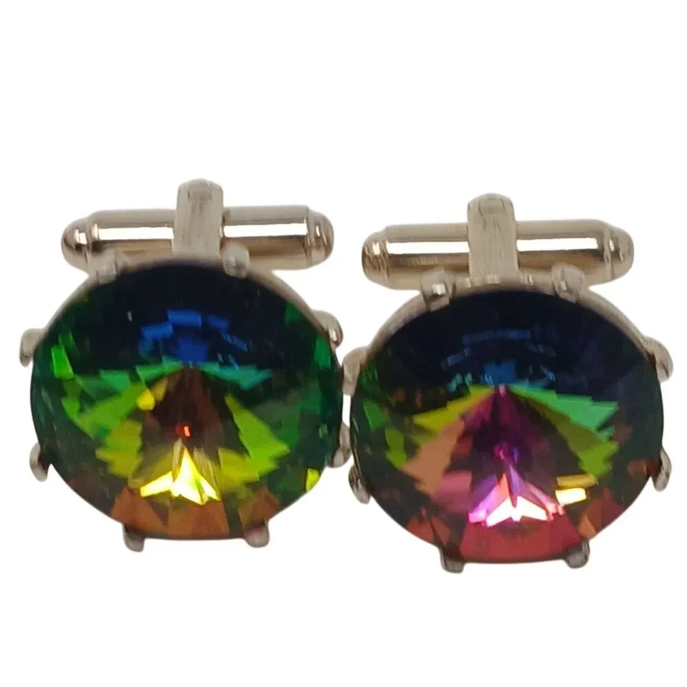 Dante Rivoli Rainbow Crystal Cufflinks Gold Toned & Colorful Vintage #J-4